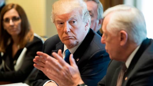 President Donald Trump (C) listens as US Congressman Steny Hoyer (R), D-Maryland speaks during a meeting with bipartisan members of the Senate on immigration at the White House in Washington, DC, on January 9, 2018.