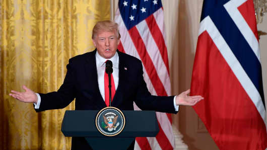 President Donald Trump speaks during a news conference with Prime Minister of Norway Erna Solberg at the White House in Washington, DC on January 10, 2018.