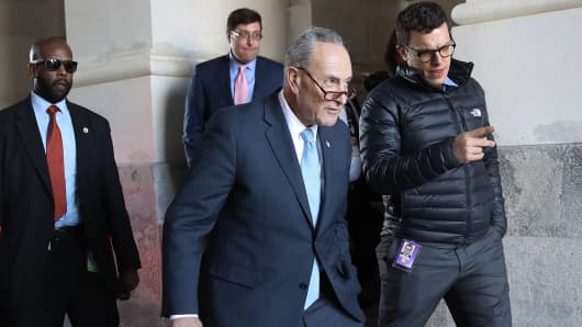 Senate Minority Leader Chuck Schumer (D-NY) returns to the U.S. Capitol after meeting with U.S. President Donald Trump on the looming threat of a federal government shutdown January 19, 2018 in Washington, DC.
