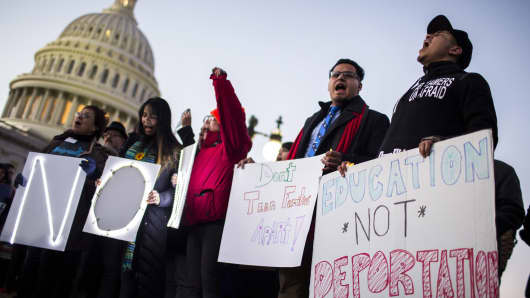 Demonstrators hold signs during a rally supporting the Deferred Action for Childhood Arrivals program (DACA), or the Dream Act, outside the U.S. Capitol building in Washington, D.C., Jan. 18, 2018.