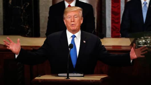 President Donald Trump delivers his State of the Union address to a joint session of the U.S. Congress on Capitol Hill in Washington, U.S. January 30, 2018.