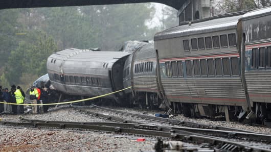 Emergency responders are at the scene after an Amtrak passenger train collided with a freight train and derailed in Cayce, South Carolina, U.S., February 4, 2018.