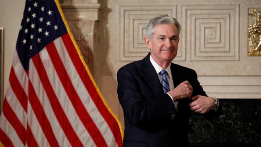 Federal Reserve Chairman Jerome Powell arrives to take the oath of office at the Federal Reserve in Washington, U.S., February 5, 2018.