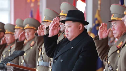 North Korean leader Kim Jong Un attends a grand military parade celebrating the 70th founding anniversary of the Korean People's Army at the Kim Il Sung Square in Pyongyang.