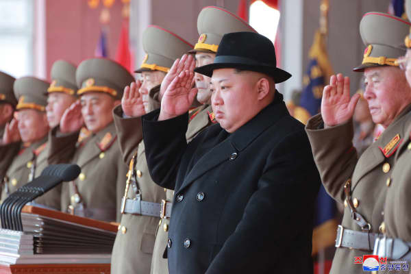 North Korean leader Kim Jong Un attends a grand military parade celebrating the 70th founding anniversary of the Korean People's Army at the Kim Il Sung Square in Pyongyang.