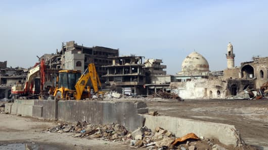 Las obras de reconstrucción continúan en Mosul, Irak, después de 9 meses de operaciones contra Daesh el 25 de enero de 2018.