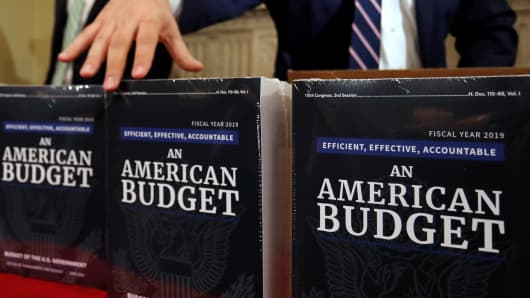 Copies of the President Trump's FY 2019 budget proposal are delivered to the U.S. House Budget Committee offices on Capitol Hill in Washington, U.S. February 12, 2018.