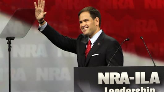 Sen. Marco Rubio (R-FL) leaves the stage after speaking during the National Rifle Association Annual Meeting Leadership Forum on April 25, 2014 in Indianapolis, Indiana.