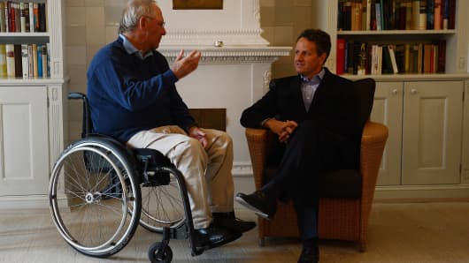 Timothy Geithner (R) talks to Germany's Wolfgang Schaeuble at the Hotel 'Faehrhaus Munkmarsch' on the German North Sea island of Sylt, nothern Germany, on July 30, 2012.