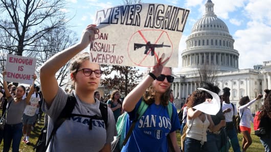 Hundreds of high school and middle school students from the District of Columbia, Maryland and Virginia staged walkouts and gather in front of the Capitol in support of gun control in the wake of the Florida shooting February 21, 2018 in Washington, DC.