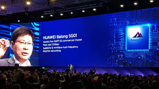 Richard Yu, CEO of Huawei's consumer business group, presents the company's new 5G chipset called Balong 5G01 at Mobile World Congress in Barcelona on Sunday, February 25, 2018.