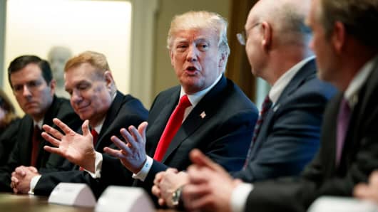 President Donald Trump speaks during a meeting with steel and aluminum executives in the Cabinet Room of the White House, Thursday, March 1, 2018, in Washington. From left, Roger Newport of AK Steel, John Ferriola of Nucor, Trump, Dave Burritt of U.S. Steel Corporation, and Tim Timkin of Timken Steel.