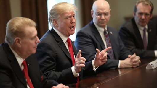 President Donald Trump speaks during a meeting with leaders of the steel industry at the White House March 1, 2018 in Washington, DC.