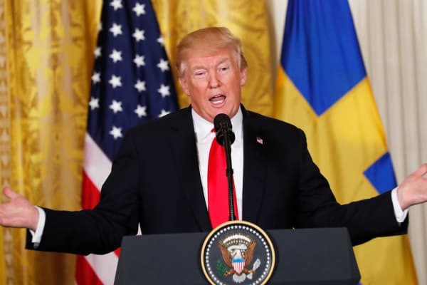 President Donald Trump addresses a joint news conference with Sweden's Prime Minister Stefan Lofven in the East Room of the White House in Washington, March 6, 2018.