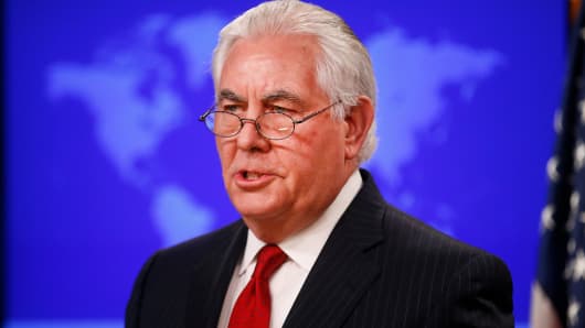 Secretary of State Rex Tillerson speaks to the media at the U.S. State Department after being fired by President Donald Trump in Washington, March 13, 2018.