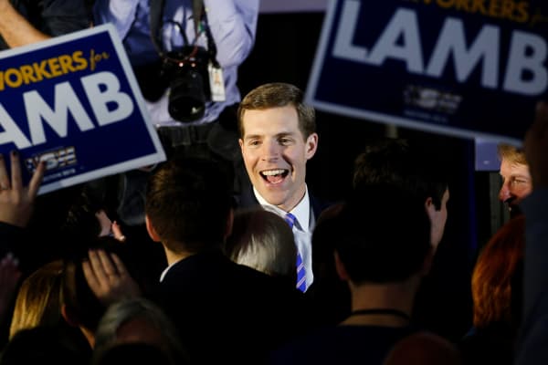 Democratic congressional candidate Conor Lamb is greeted by supporters during his election night rally in Pennsylvania's 18th U.S. Congressional district special election against Republican candidate and State Rep. Rick Saccone, in Canonsburg.