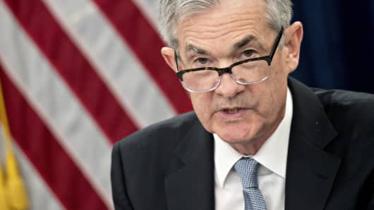 Jerome Powell, chairman of the U.S. Federal Reserve, speaks during a news conference following a Federal Open Market Committee (FOMC) meeting in Washington, D.C., U.S., on Wednesday, March 21, 2018.