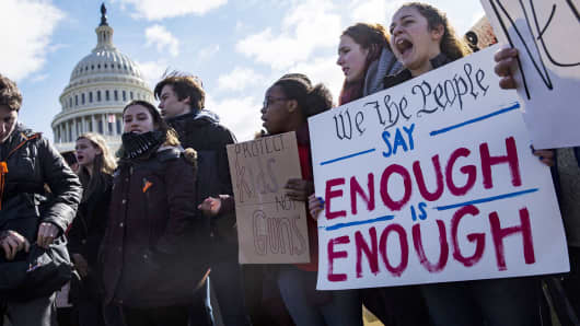 Thousands of students protest in front of the U.S. Capitol for greater gun control after walking out of classes in the aftermath of the shooting after a gunman killed 17 people at Marjory Stoneman Douglas High School in Washington, United States on March 14, 2018.