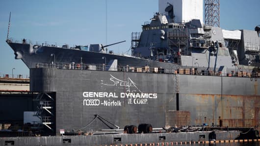 The USS Truxtun (DDG-103) destroyer sits in dry dock at the General Dynamics Corp. NASSCO shipyard facility on the Elizabeth River in Norfolk, Virginia, U.S., on Tuesday, Jan. 9, 2018.