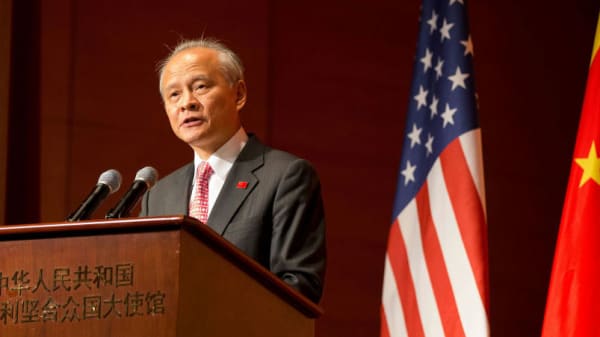 Chinese Ambassador to the United States Cui Tiankai speaks at a reception celebrating the 90th anniversary of the founding of the Chinese People's Liberation Army (PLA) at the Chinese embassy in Washington D.C., the United States, on July 27, 2017.