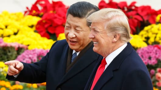 Chinese President Xi Jinping and U.S. President Donald Trump attend a welcoming ceremony November 9, 2017 in Beijing, China.