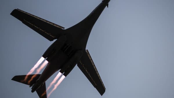 A B-1B Lancer takes off from Al Udeid Air Base, Qatar, to conduct combat operations on April 8, 2015.