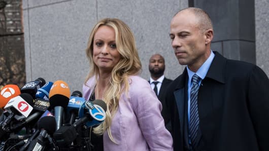 Adult film actress Stormy Daniels (Stephanie Clifford) and Michael Avenatti, attorney for Stormy Daniels, speak to the media after a hearing related to Michael Cohen.