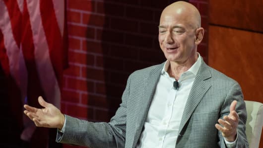 Jeff Bezos, CEO of Amazon, speaks at the George W. Bush Presidential Center's Forum on Leadership in Dallas, Texas, April 20, 2018.