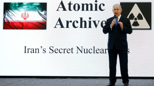 Israeli Prime minister Benjamin Netanyahu speaks during a news conference at the Ministry of Defence in Tel Aviv, Israel, April 30, 2018.