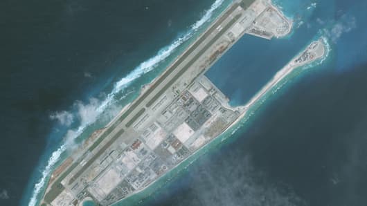 Satellite photo of Fiery Cross Reef in the South China Sea taken on January 1, 2018.