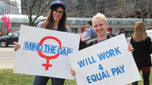 Women rally to demand equal pay for women and an end to the wage gap .