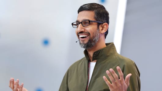 Google CEO Sundar Pichai speaks onstage during the annual Google I/O developers conference in Mountain View, California, May 8, 2018.