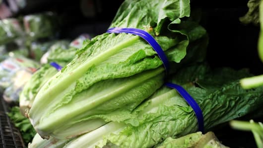 Romaine lettuce is displayed on a shelf at a supermarket in San Rafael, California.