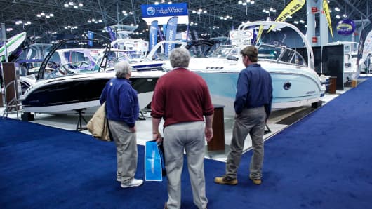 People attend the 2018 Progressive Insurance New York Boat Show cruises into the Jacob K. Javits Convention Center on January 24, 2018 in New York City.
