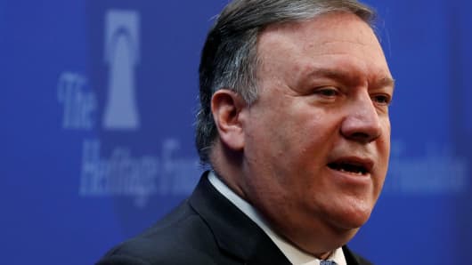 Secretary of State Mike Pompeo delivers remarks on the Trump administration's Iran policy at the Heritage Foundation in Washington, U.S. May 21, 2018.
