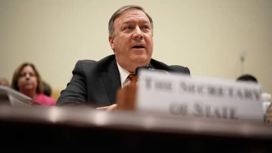 Secretary of State Mike Pompeo testifies during a hearing before the House Foreign Affairs Committee May 23, 2018 on Capitol Hill in Washington, DC.