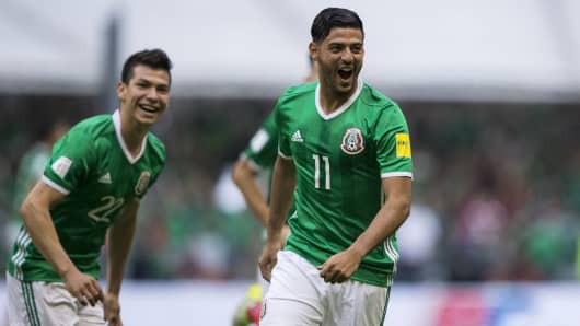 Carlos Vela (C) of Mexico celebrates a scored goal during the match between Mexico and United States as part of the FIFA 2018 World Cup Qualifiers.
