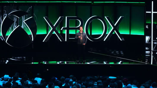 Phil Spencer, Executive President of Gaming at Microsoft, addresses the audience at the Xbox 2018 E3 briefing in Los Angeles, California on June 10, 2018, ahead of the 24th Electronic Entertainment Expo.