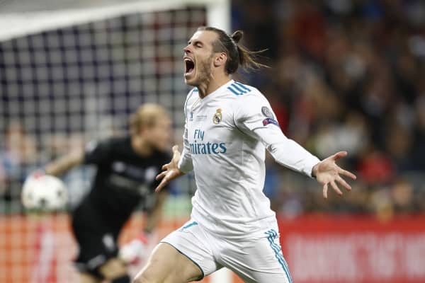 Gareth Bale of Madrid celebrates after scoring during the UEFA Champions League Final match between Real Madrid and Liverpool at the Olympic Stadium in Kiev, Ukraine on May 26, 2018.