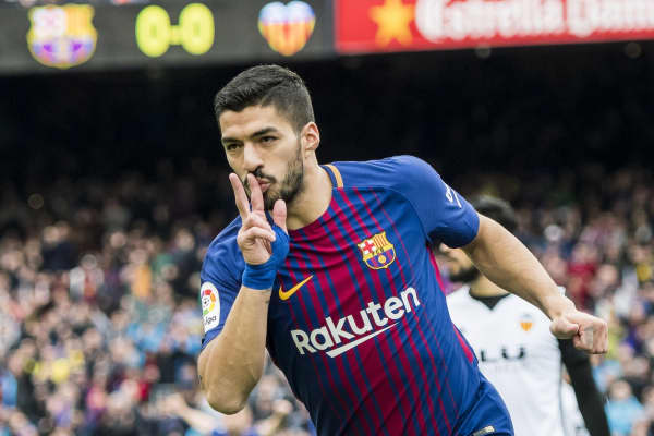 Luis Suarez of FC Barcelona celebrates during the La Liga match between Barcelona and Valencia at Camp Nou on April 14, 2018 in Barcelona, Spain.