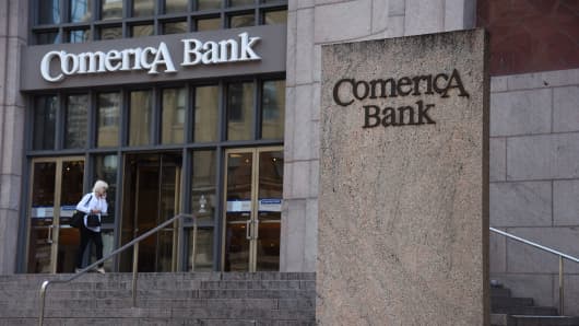 A customer enters Comerica Inc. Bank headquarters in Dallas, Texas.