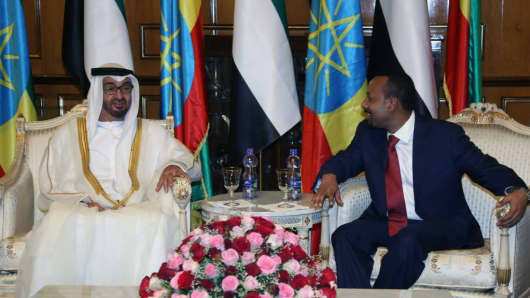 Crown Prince of Abu Dhabi Mohammed bin Zayed Al Nahyan (L) meets Ethiopian Prime Minister Abiy Ahmed (R) at National Palace in Addis Ababa, Ethiopia on June 15, 2018.