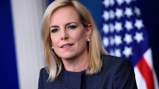US Secretary of Homeland Security Kirstjen Nielsen speaks at the press briefing at the White House in Washington, DC on June 18, 2018.