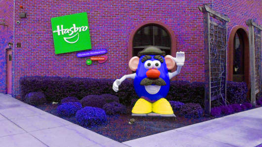 A statue of Mr. Potato Head greets visitors to the corporate headquarters of toymaker Hasbro Inc. in Pawtucket, Rhode Island.