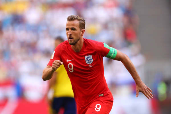 Harry Kane of England in action during the 2018 FIFA World Cup Russia Quarter Final match between Sweden and England at Samara Arena on July 7, 2018 in Samara, Russia.