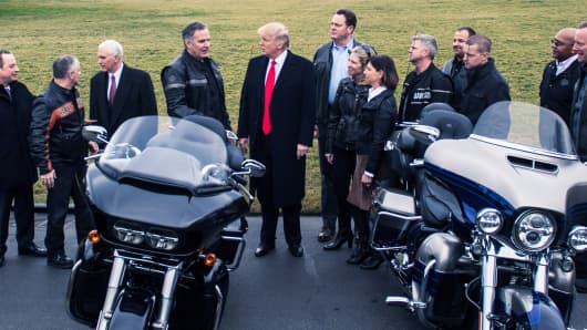 President Trump and Vice President Mike Pence meet with Harley Davidson executives and Union Representatives on the South Lawn of the White House in Washington, DC on Thursday, Feb. 02, 2017. 