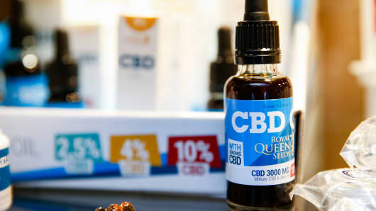 Oils containing CBD (Cannabidiol) are seen in a shop in Paris on June 14, 2018.