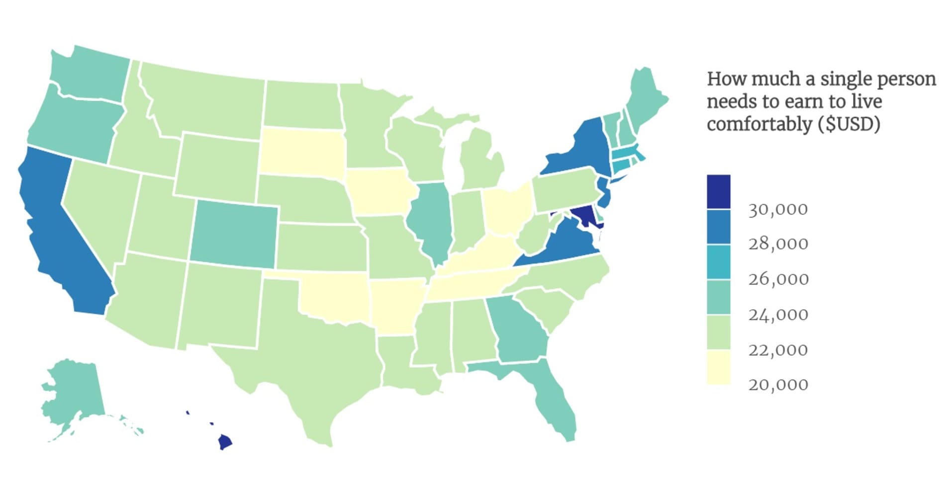 This map shows the living wage for a single person across America