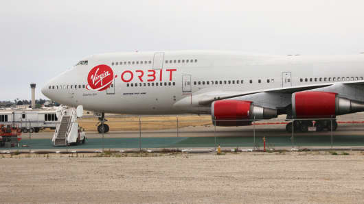 Virgin Orbit’s modified Boeing 747 airplane named “Cosmic Girl” at Long Beach Airport.