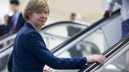 Sen. Tammy Baldwin, D-Wisc., arrives in the Capitol for the Senate Democrats' policy lunch on Tuesday, May 15, 2018. 